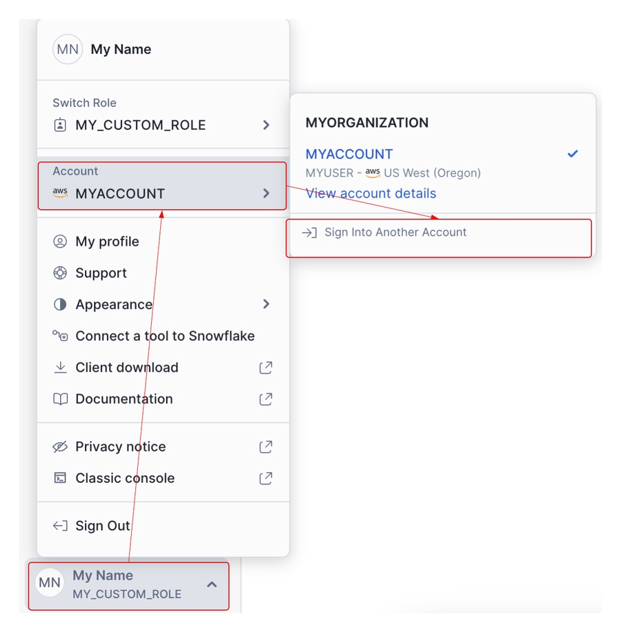 Screenshot of the account selector open and listing multiple accounts. The account selector is labeled with the name of the currently-selected account.