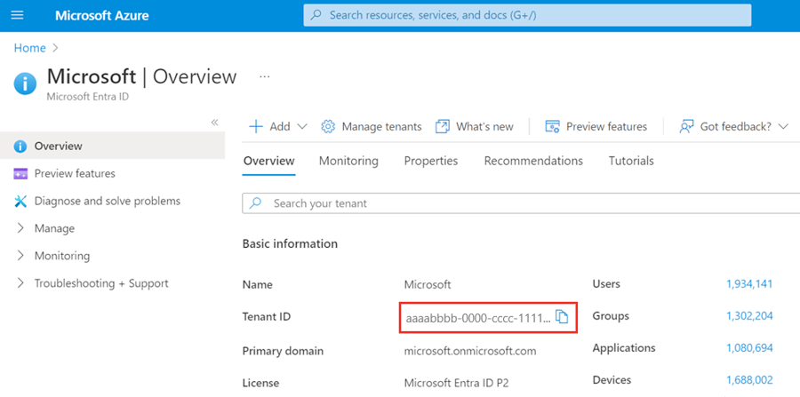Screenshot demonstrates how to get the Azure AD B2C tenant ID.