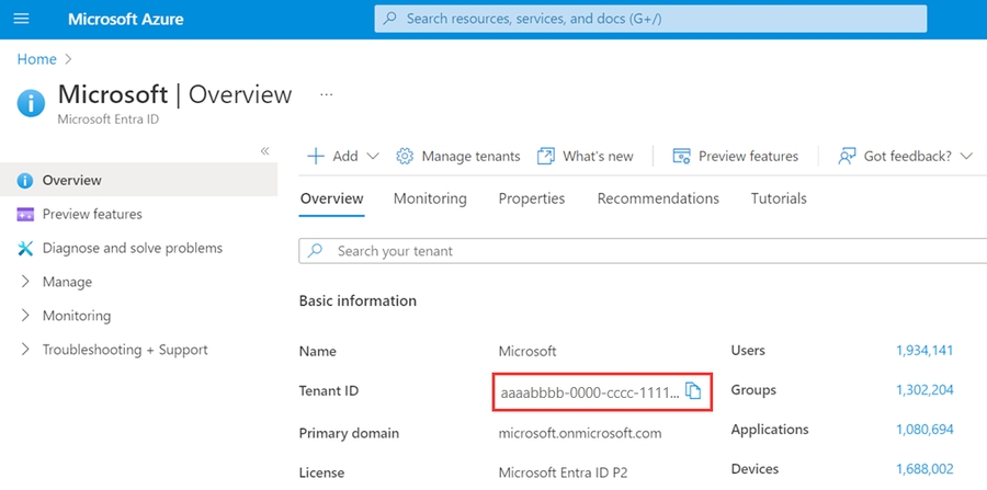 Screenshot demonstrates how to get the Azure AD B2C tenant ID.